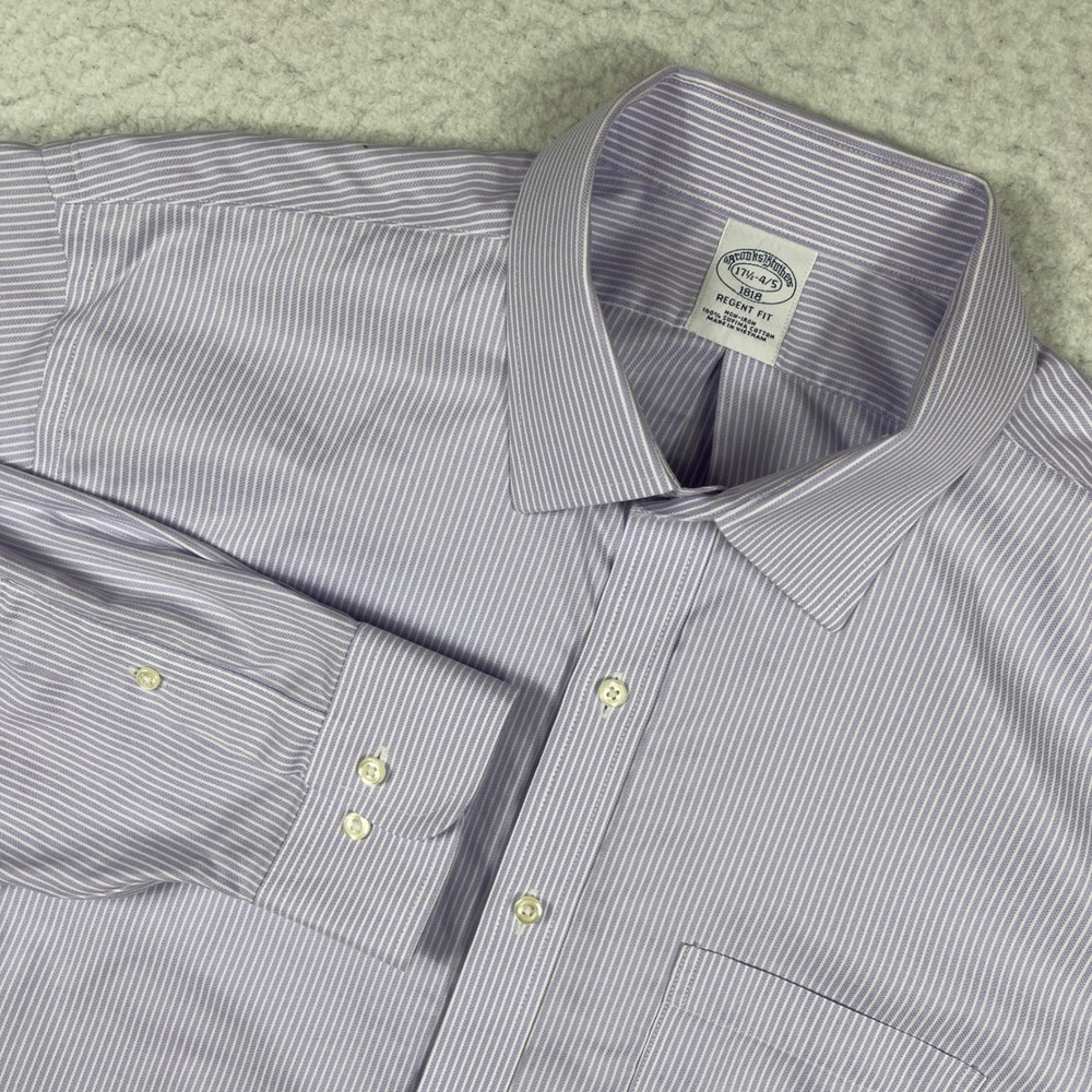 Brooks Brothers Dress Shirt Mens 17.5 4/5 Purple Striped‎ Non-Iron Regent 1818